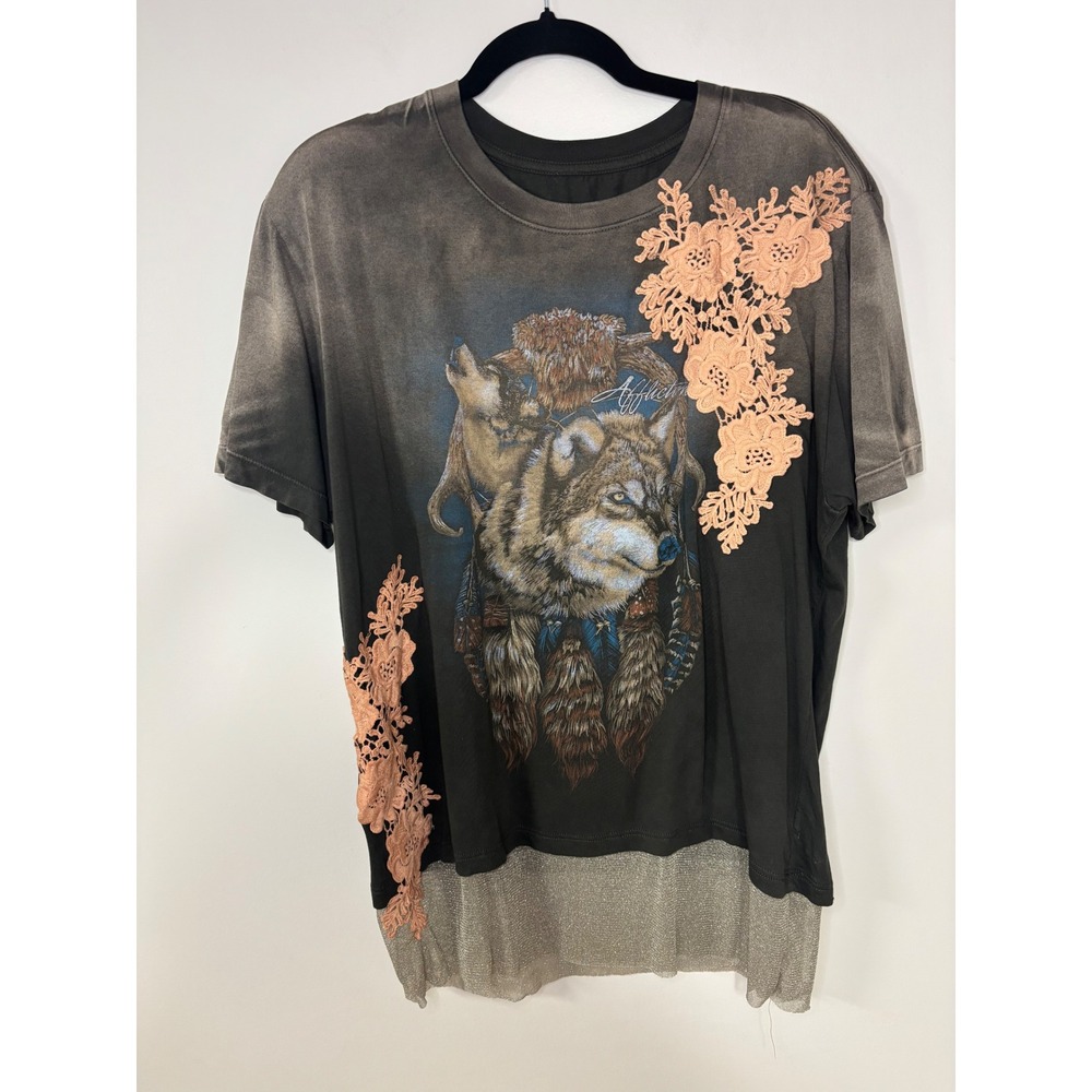 Affliction 2XL Wolf Graphic T Shirt Gray Lace Layered‎ Bottom